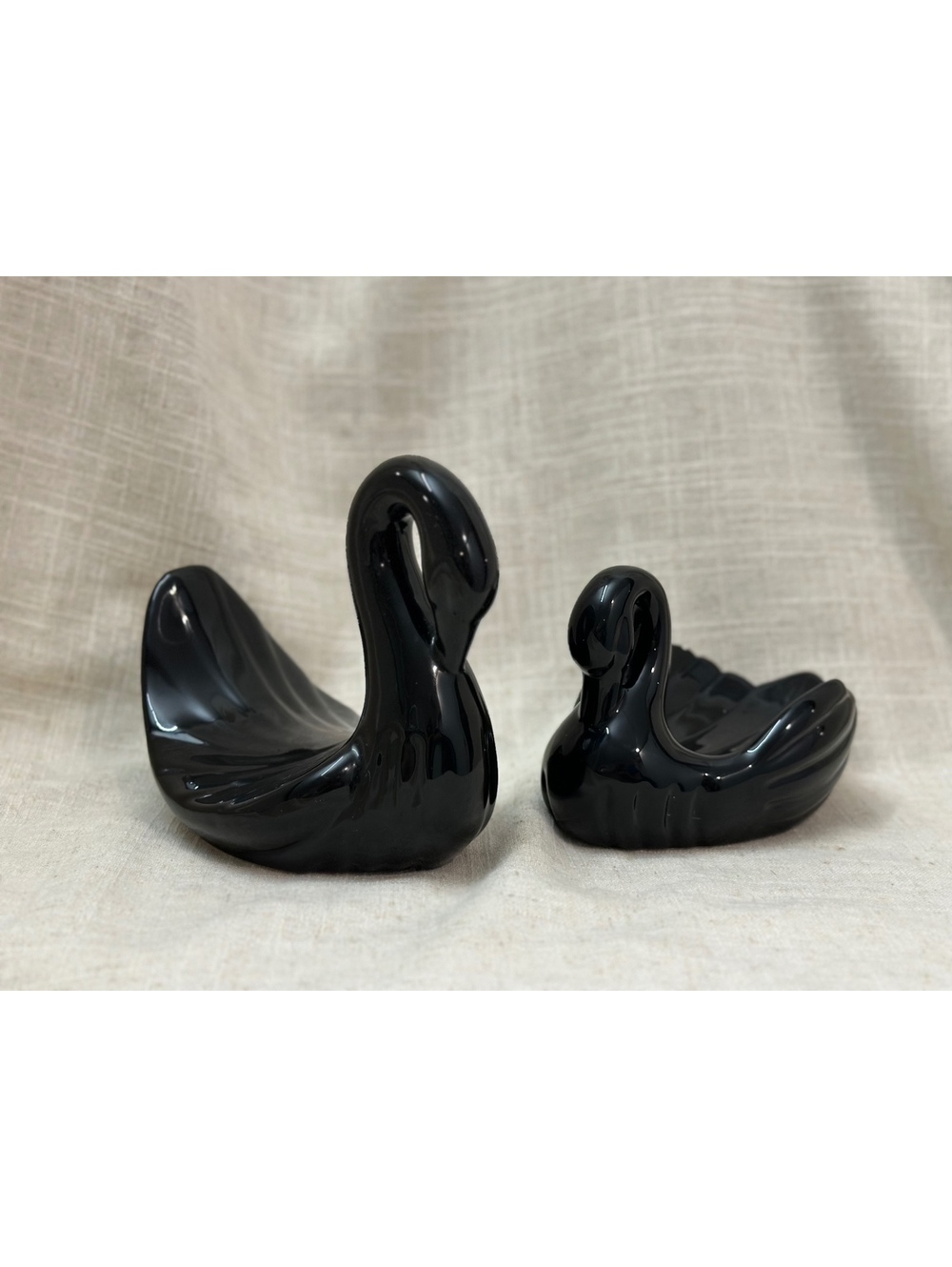 Set of 2 Vintage Black Ceramic Swans Towel Washcloth & Soap Holders Mid Century